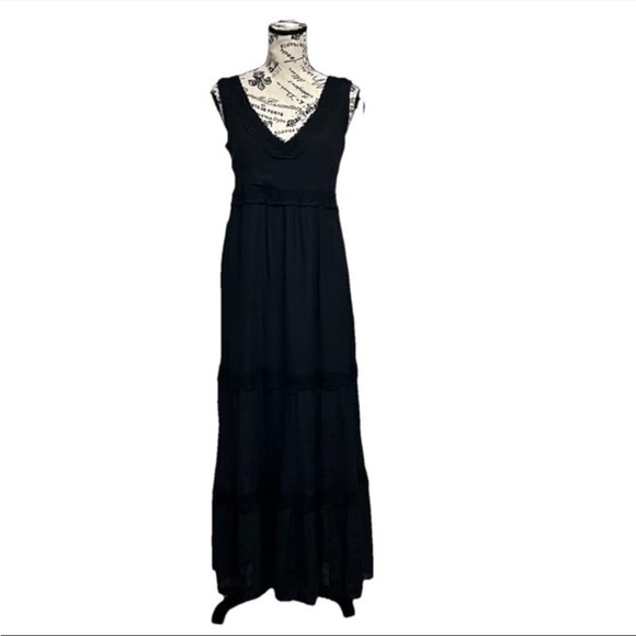 Say What Black Crinkle Gauze Crochet Maxi Dress Black Witch Goth Vampy S Boho - Picture 1 of 9